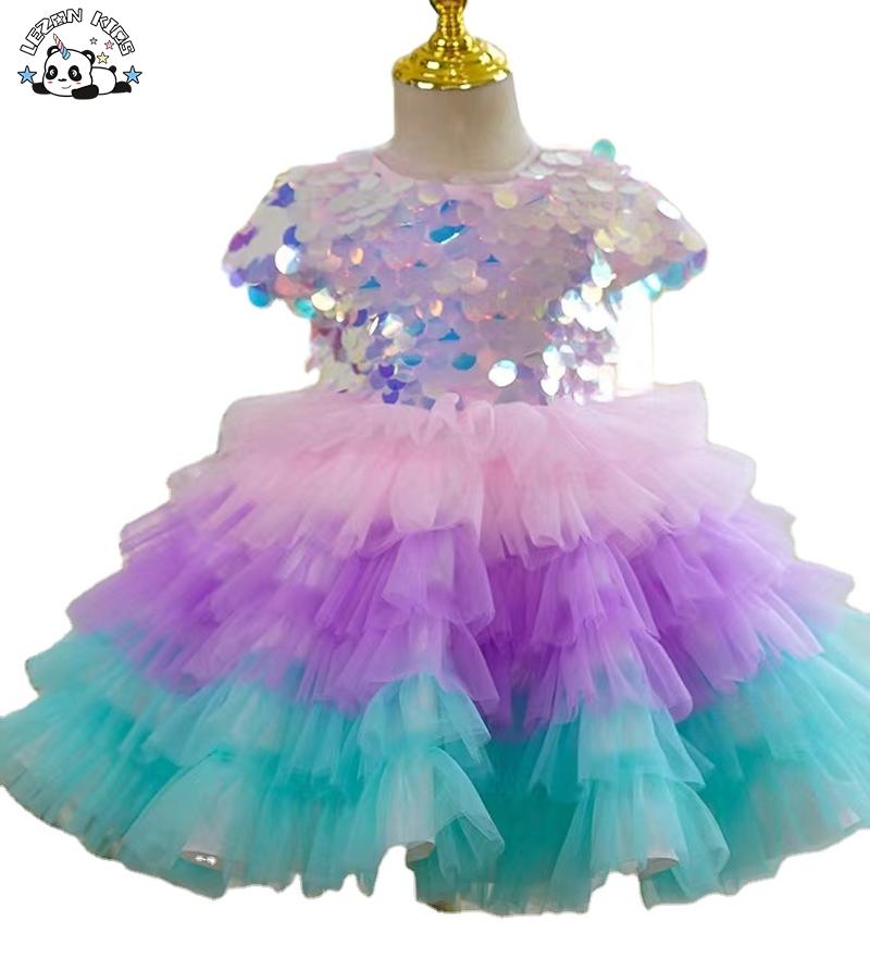 Girls’ Dress Sequin Layered Tutu Birthday Puffy Ball Gown Princess Wear Flower Dress