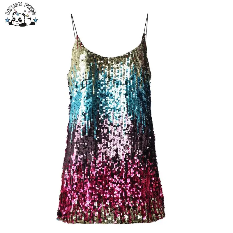 Custom New Style Gradient Color Sequin V-neck Show Back Sling Women’s Short Paragraph Dress
