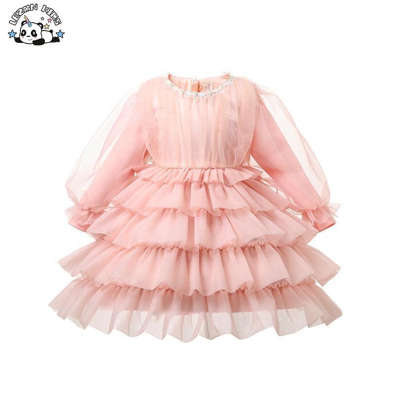 Children Clothing Girls Pink Mesh Dress Long Sleeves Dresses Cake Dress for 2-12 Years Kids