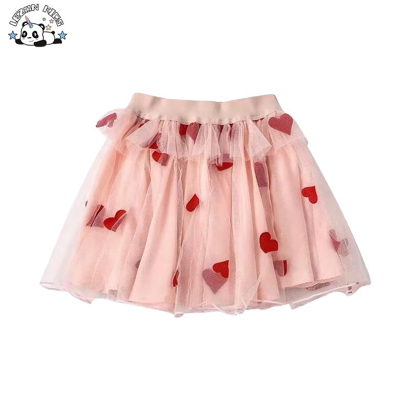 Kids Clothing Girls’ Embroidered Hearts Pleated Pink Tutu Skirt