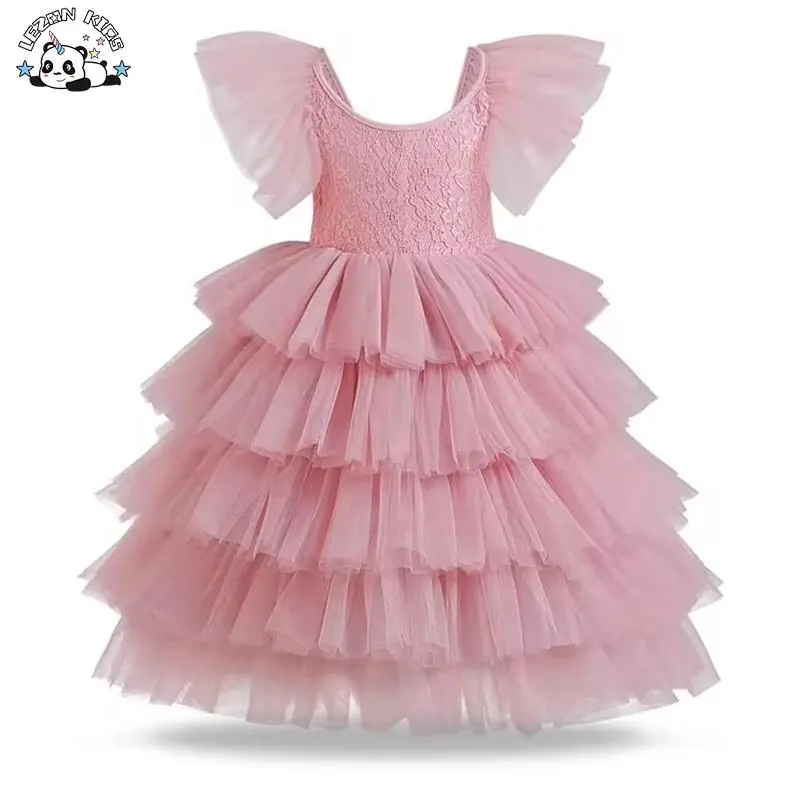 OEM Customizable Ruffle Sleeves Layered Tulle Girls Dress V-Neck Puffy Lace Dress for Girls 8 Years Size