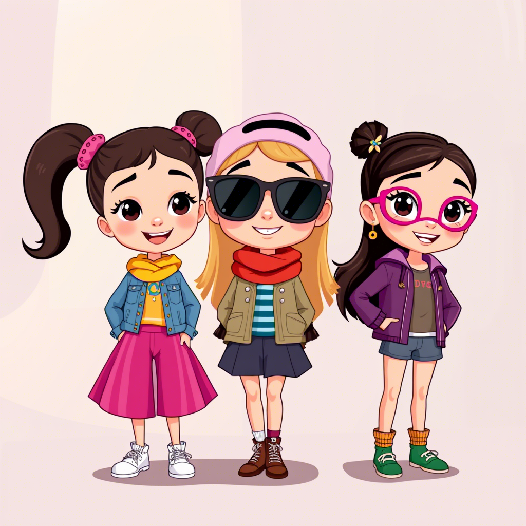 Cute cartoon characters wearing trendy kids' outfits on a colorful background