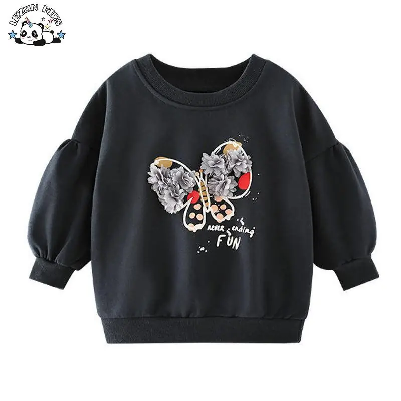 Customizable Spring New 3D butterfly Embroidery Girls Pullover Sweatshirt for 2-14 Years Old