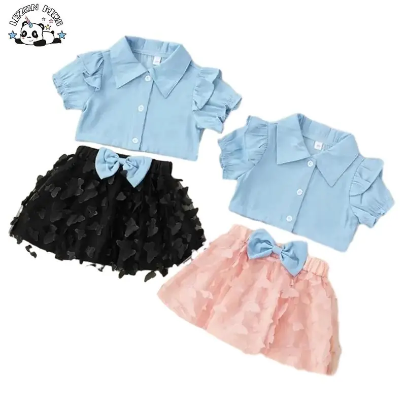 Custom Cute Faux Soft Denim Top Solid Butterfly Skirt Kids Toddler Girl Set Girls Clothing Sets