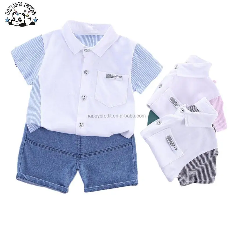Casual Lapel Striped Shirt Little Kids Denim Shorts Two Piece Set