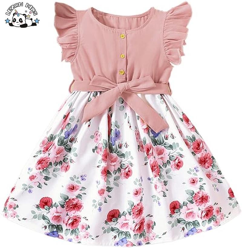 Customizable Summer Ruffle Sleeve V Neck Tunic Loose Casual Flower Swing Dress for Girls