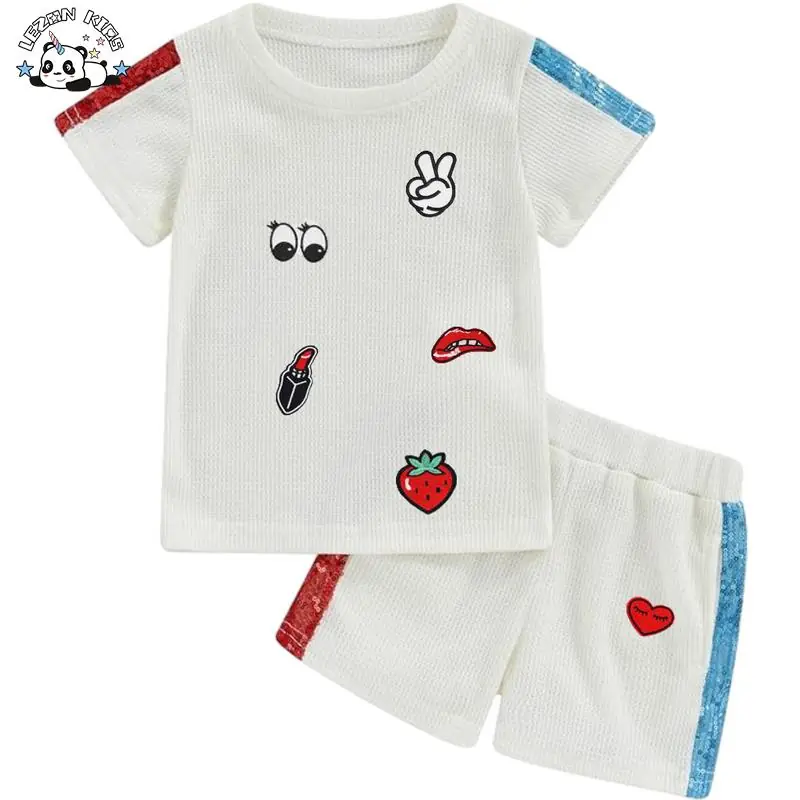 Customized Girls Sequin Stripe Sleeves Patchwork T Shirt + Shorts