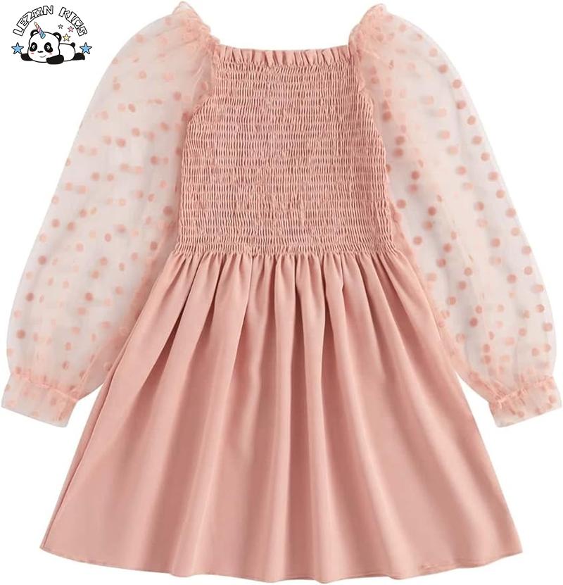 Customize Girl’s Polka Dots Mesh Flounce Long Sleeve in Summer Flared Shirred Dress Smock Craft pink Color Dress Size 7 Year