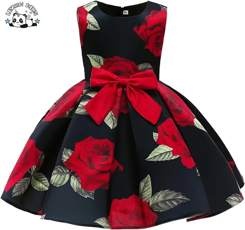 OEM ODM Customization Sleeveless Big Red Rose Printing Ball Gown Girls Dresses
