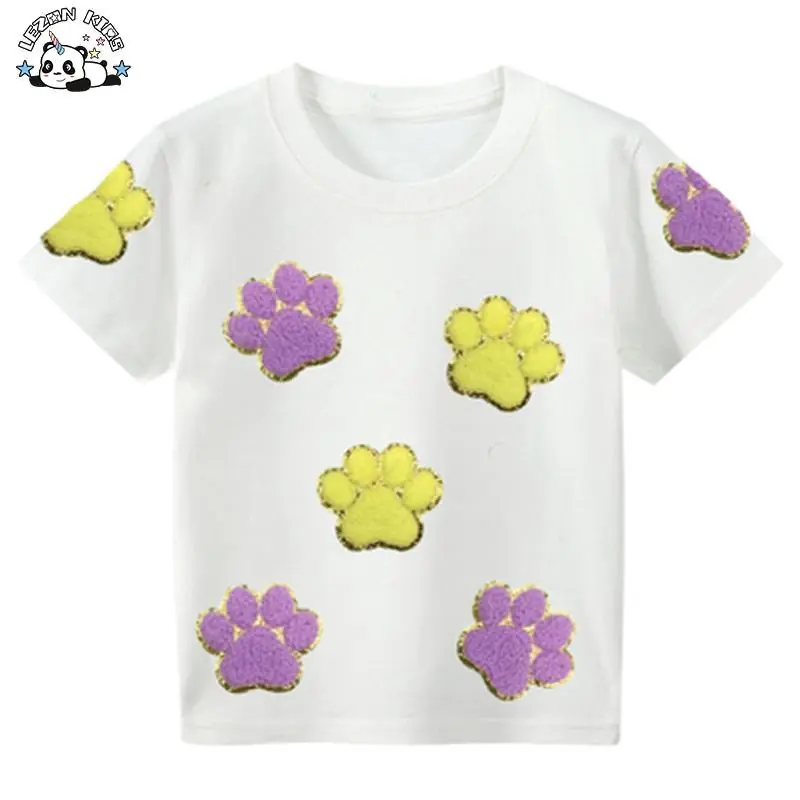 Customizable Girls Clothing 100% Cotton with Chenille Patches Shirt Short Sleeve T Shirt for Kids