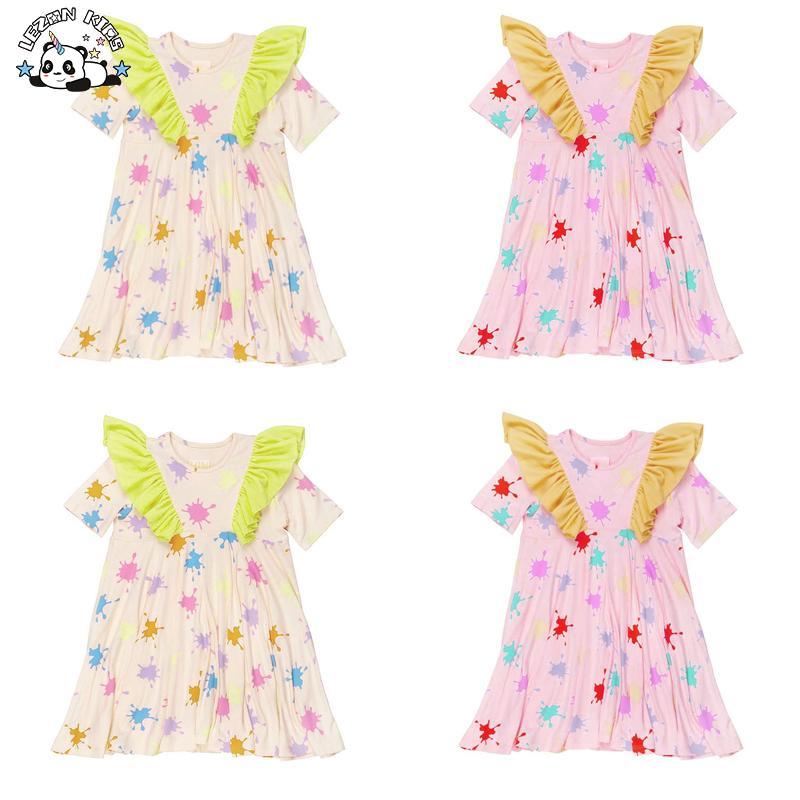 Customizable Latest Design Color Block Ruffle Sleeves Casual Girls Dresses for Summer