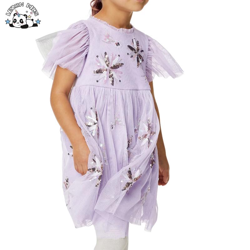 Girls Cute Tulle Sleeves Sequin Patches Summer Girl Sequin Flower Dress Layered Tulle Dress