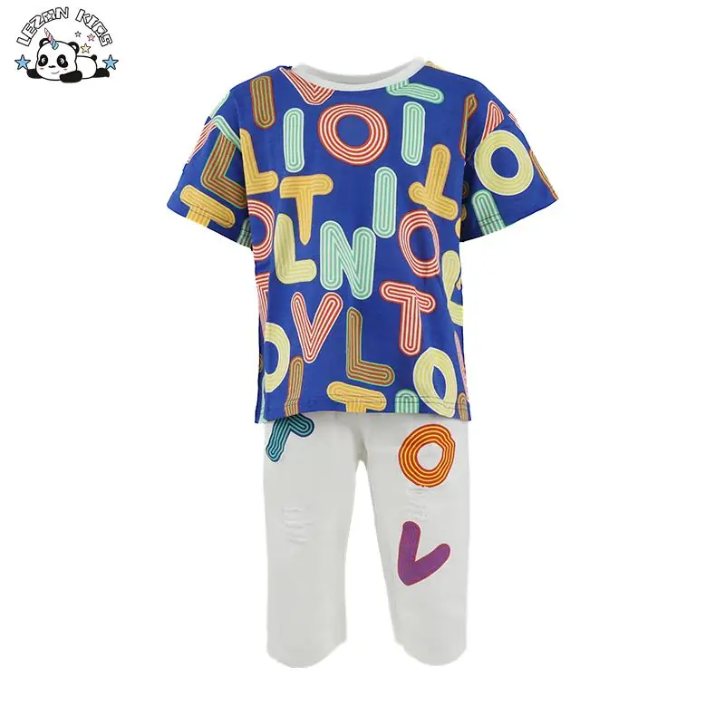Custom Children Boys Smile Print T-shirt Denim Short Set