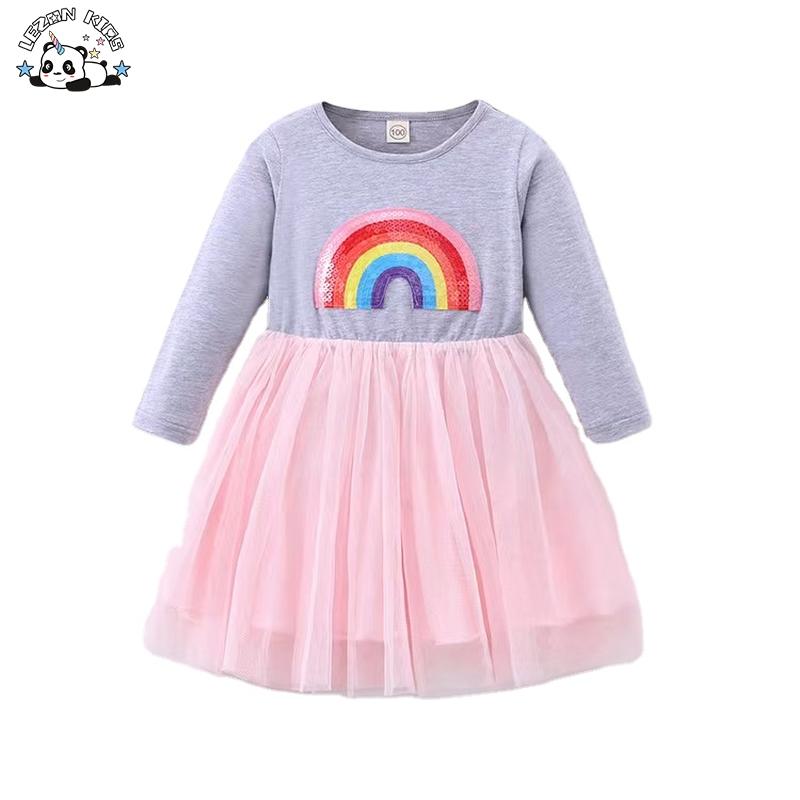 Customization Acceptable Kids Rainbow Patchwork Girls Long Dresses for Autumn