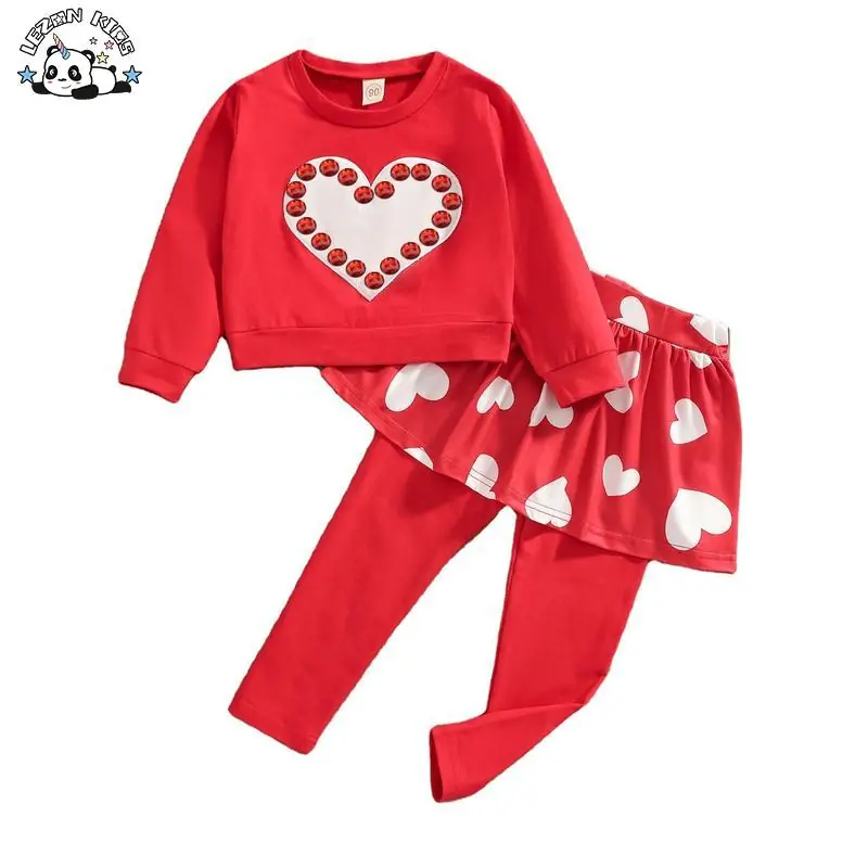 Customizable Children's Cotton Long-Sleeve Heart-Shaped Set with Beads Girls Clothing Sets for Valentine's Day