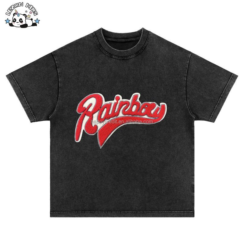 Customizable Summer New Design Vintage Custom Patch Mineral Black Acid Washed Kids Boy T Shirt