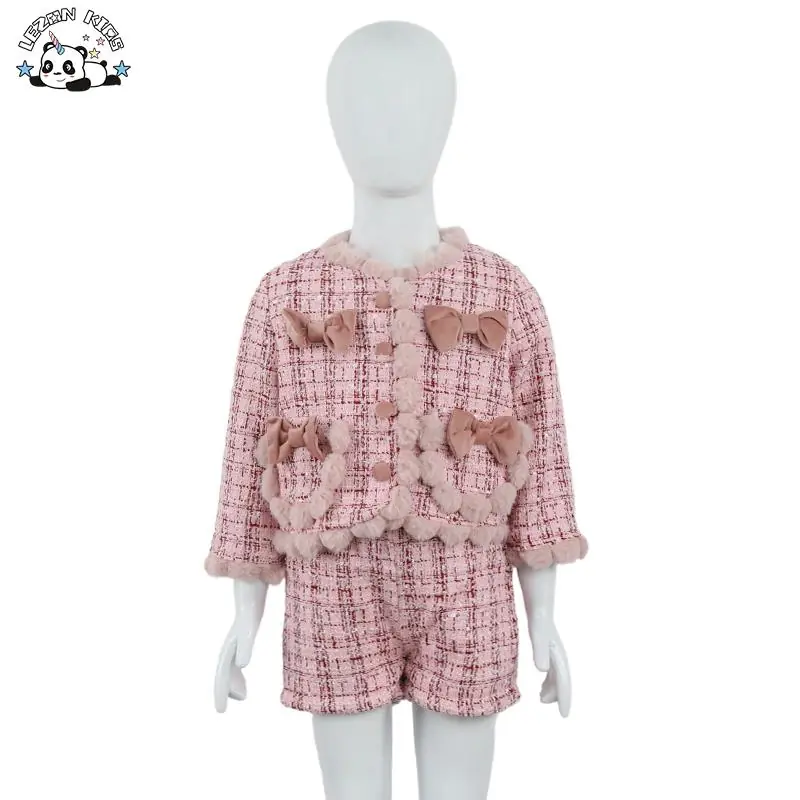 Designer Kids Fashion Wear Coat Short Skirt Two Piece Set  Sweet Girls Tweed Skirt Suit