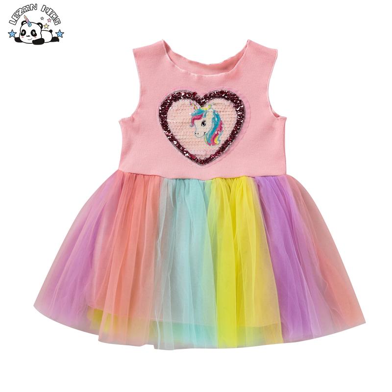 Customizable Wholesale Sequined unicorn Print Stitching Dress Colorful Mesh Puffy Sweet Girls Princess Dress