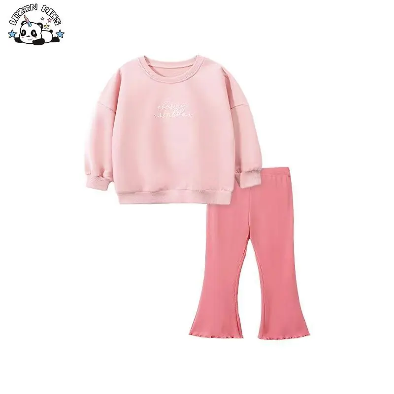 Customizable Hot Sale Spring 100% Cotton Casual Long Sleeve Letter Print Girls Clothing Sets for 2 to 14 Years Old