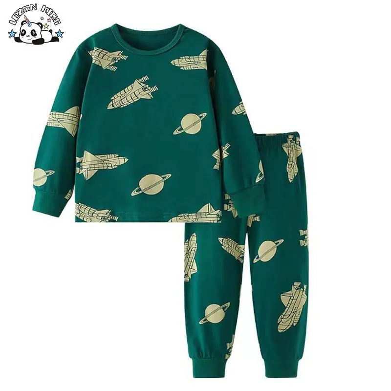 Customizable Kids Street Wear 2PCS Green Spaceship Rocket Printed T Shirt
