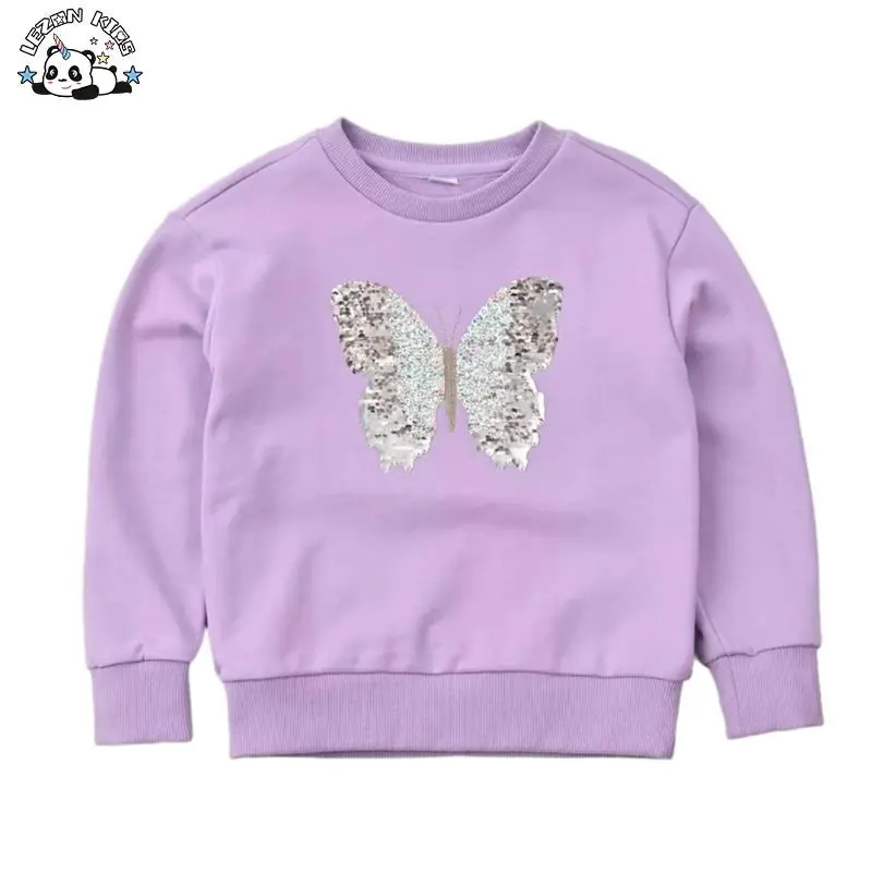 Customizable Children’s Cotton Hoodie Girl’s Sequin Butterfly Round Neck Long Sleeved Girls Sweatshirt