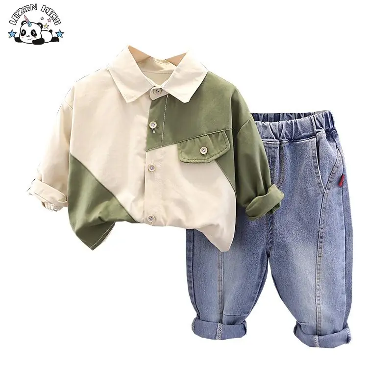 Wholesale Baby Boy Clothing Set Casual Cotton Denim Fabric Solid Pattern for Children Aged 2-14 Years