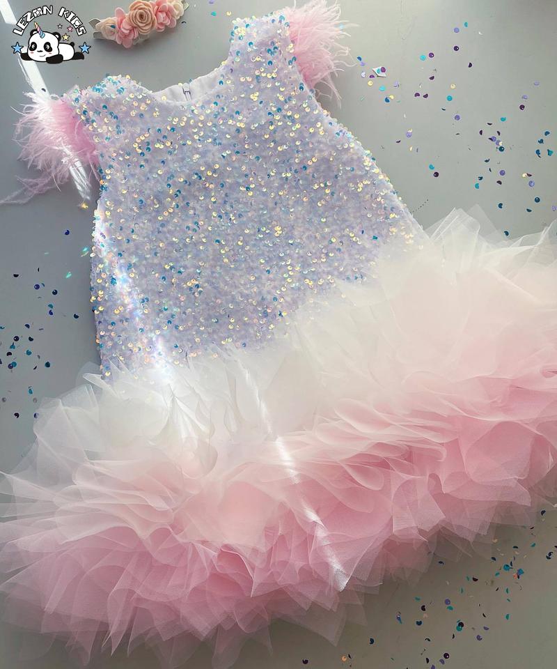 Customizable Wholesale Feather Flying Sleeves Colorful Multi Layered Sequin Girl Dress for 2-14T Kids