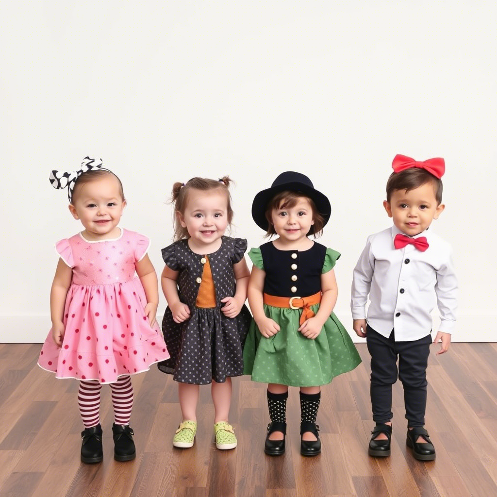 Little ones wearing creatively paired outfits for a fun photoshoot