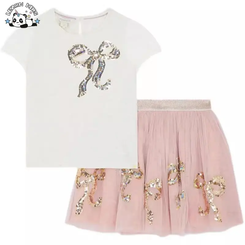 Custom 2-14T Kids Casual Suit Cute Star Sequin Patch Short Sleeve T-shirt and Skirt Sets