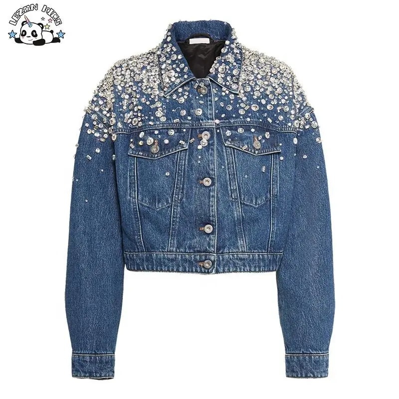 Customizable Beaded Crystal Gems Cotton Denim Jean Jacket Chaqueta De Mujer Women Clothing Sets