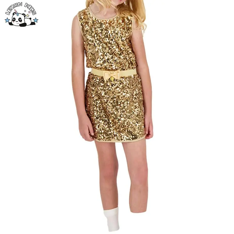 Customized Sparkling Children Clothes Gold Color Vest with Skirt Sequin Girls Clothing Sets for 2-12T