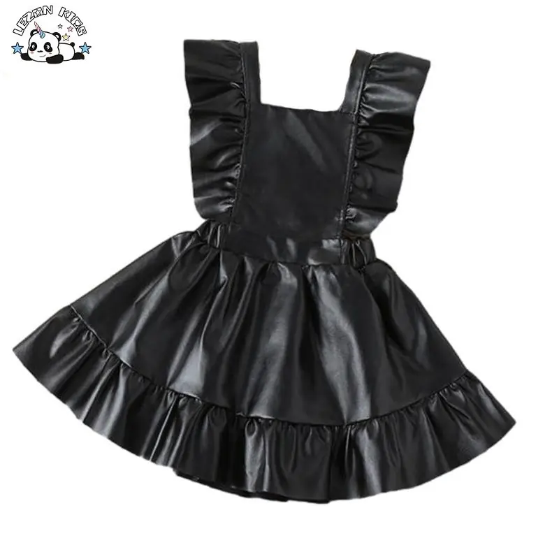 New Girls’ Fashionable Black PU Leather Ruffle A-line Skirt