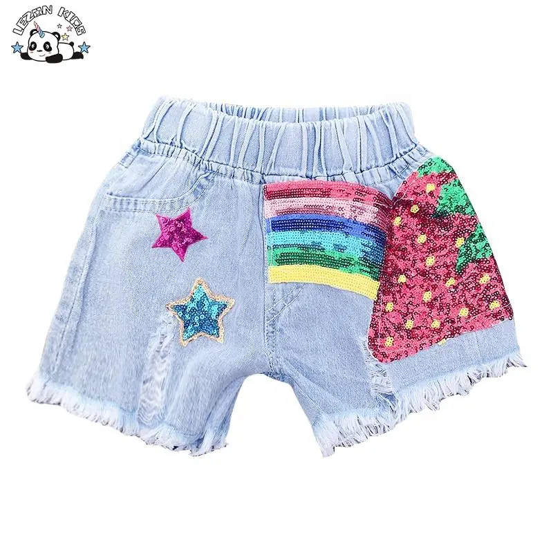 Custom Children Clothing Kids Denim Shorts Light Blue Sequin Ripped Edge Elastic Waist Girls Denim Shorts