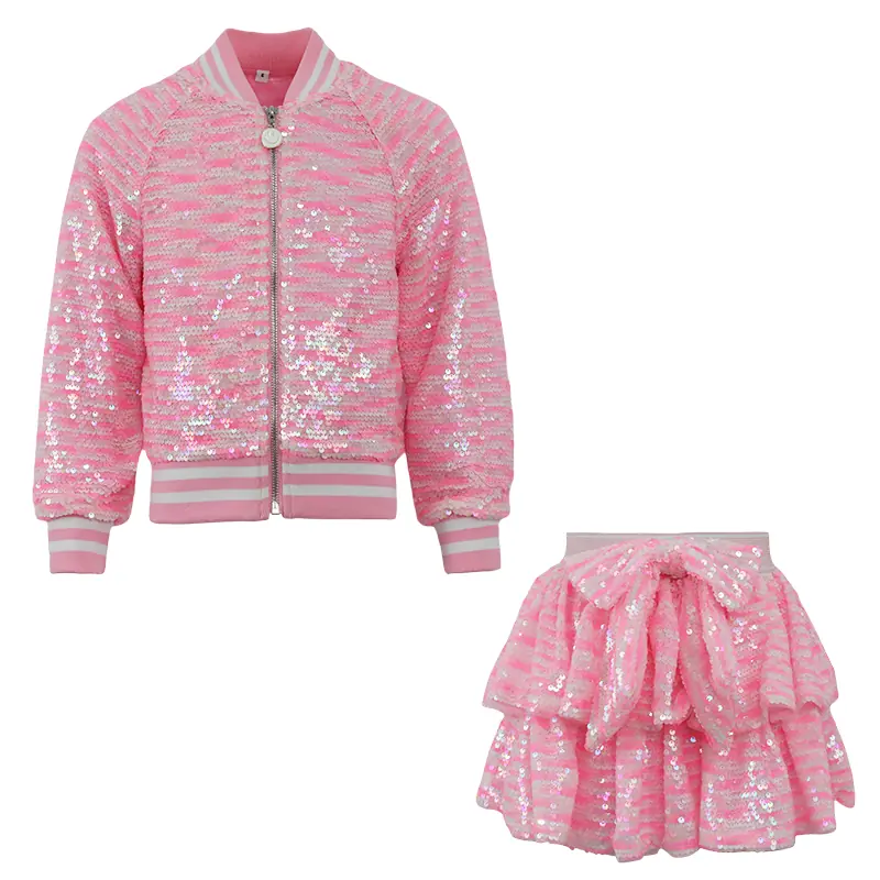 Custom Girls’ Pink Sequin Bomber Jacket Tiered Bow Embellishment Skirt Set