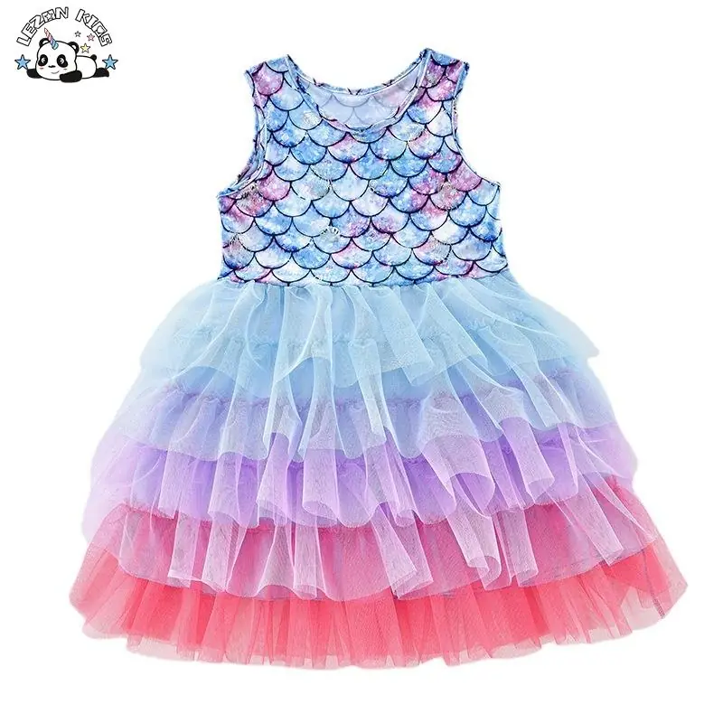 Custom Girls’ Casual Mermaid Tutu Dress Layered Floral Print Lace Decor Formal Sweet Summer Outfit for Kids