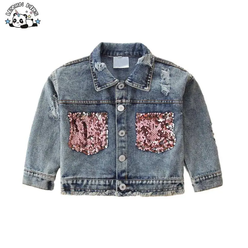 Customizable Sequined Oversize Short Washed Kids Girls Denim Jacket