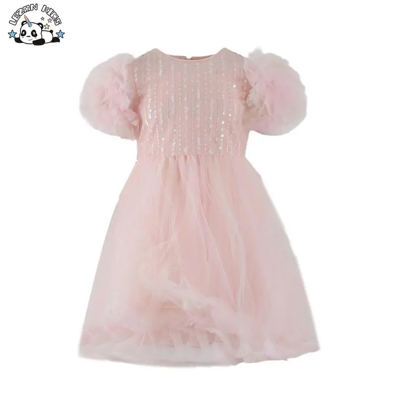 Customizable Summer New Arrival Kids Sequined Mesh Tutu Dress Puff Sleeve Princess Girls Dress for Party