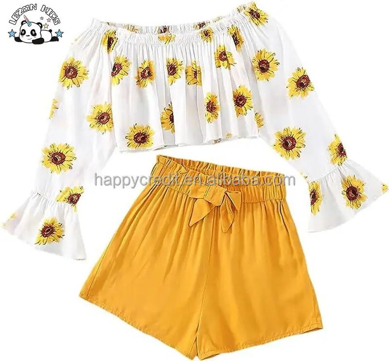 Hot Sale 2 Piece Outfit Summer Boho Floral Print Long Sleeve Top and Shorts Set