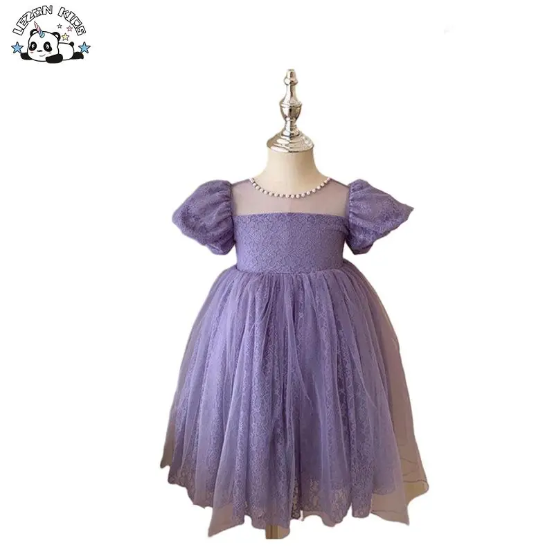 Wholesale Custom Puff Sleeve Purple Mesh Party Dress Girls Tulle Dresses for Summer