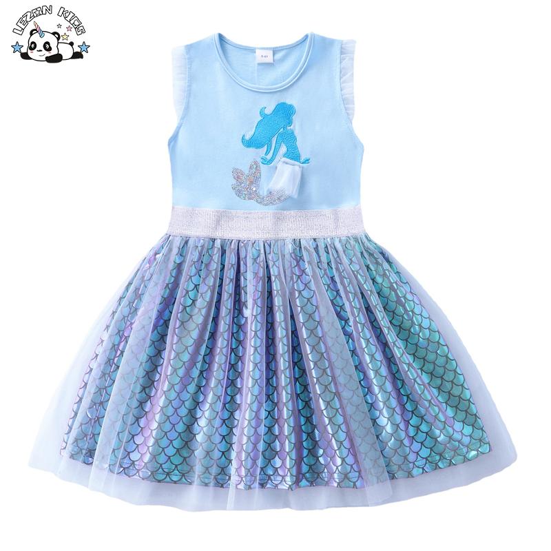 New Arrival Girls Mermaid Printed Mesh Fish Scale Fabric Cotton Summer Sleeveless Girls Cute A-Line Dresses
