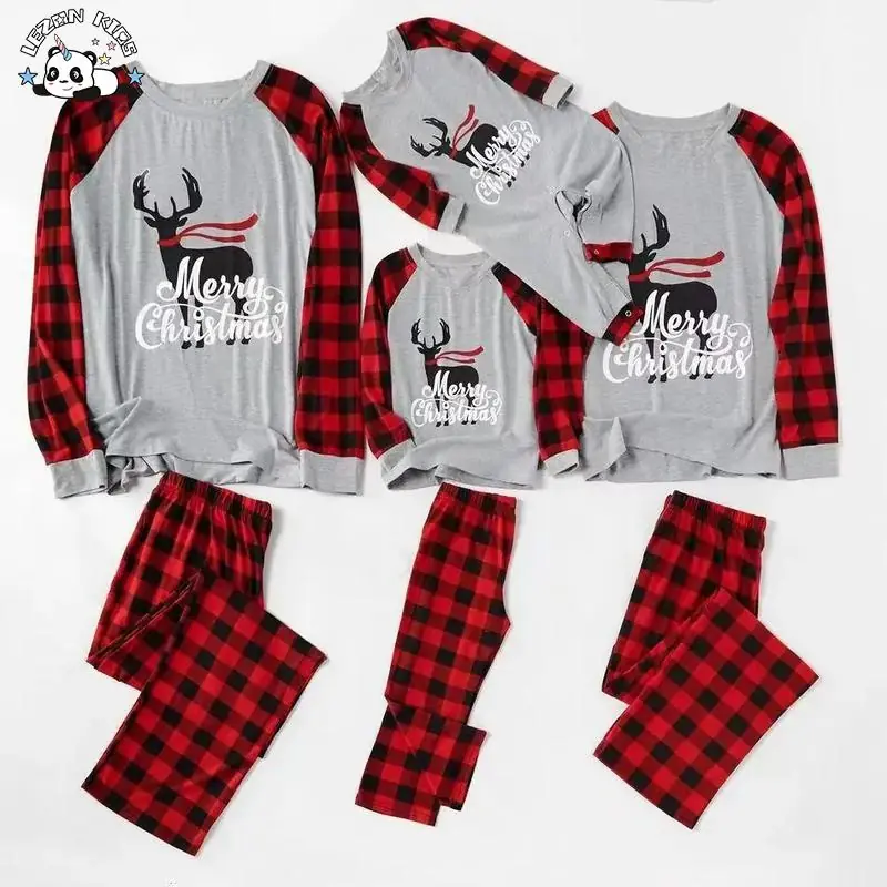Hot Selling Autumn Family Christmas Pajamas Sets Black Red Plaid Pajama Pants for Family