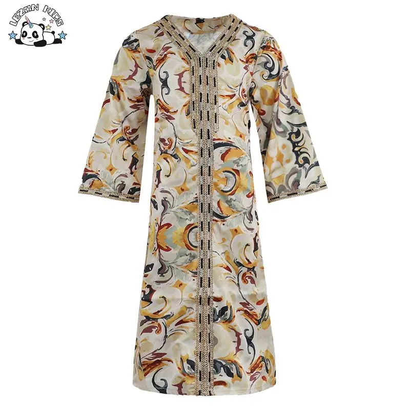 OEM Customized Middle East Dubai Girl’s Robe Dress Printed Arab Ethnic Style Dress