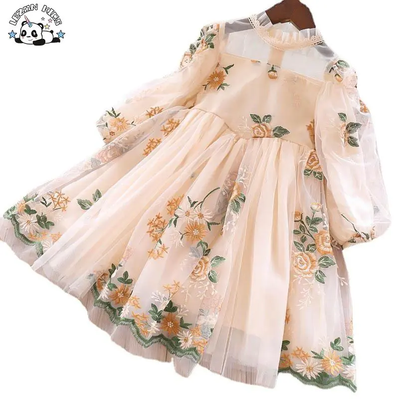 Customized Autumn Embroidery Flower Tulle Dress for Kids Girl Cute Casual Dress for Kids