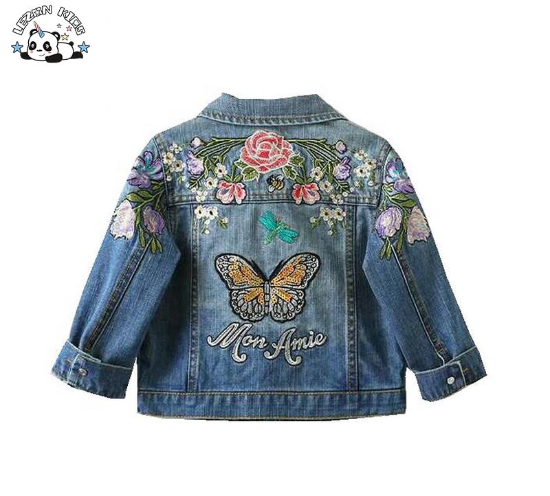 Unique Design Embroidered Flowers Sequins Butterfly 100% Cotton Soft Heavy Custom Kids Denim Jackets