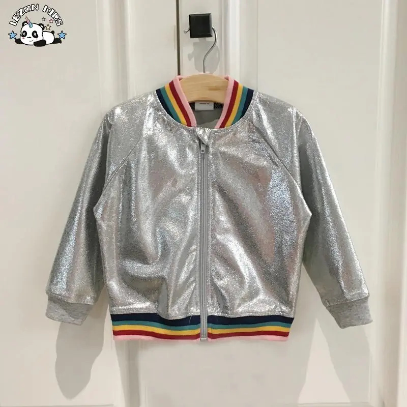 Customizable Wholesale Kids Metallic Silver Girls Faux Leather Bomber Jacket