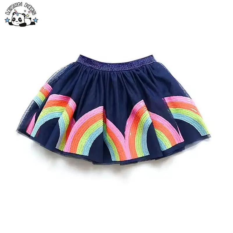Customizable Mini Tutu Skirt Girls Kids Rainbow Sequin Embroidered Cotton Sweet Western Style Print Skirt