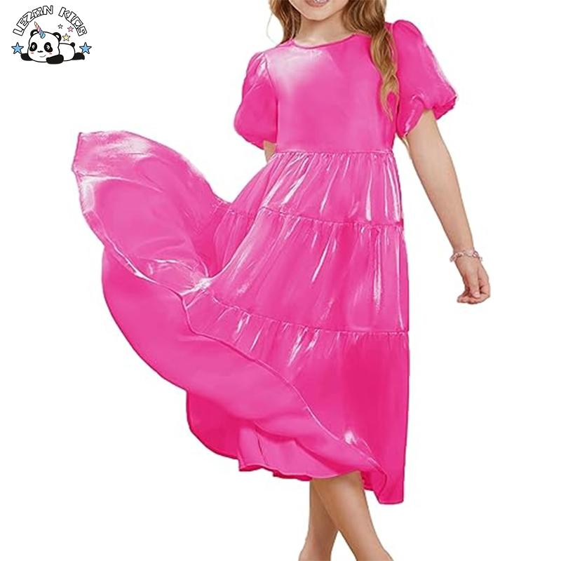 Vintage Floral Puff Sleeve Girls Kids Dress Shining Tutu Layered Formal Party Maxi for 2-14T Spanish Sweet Style