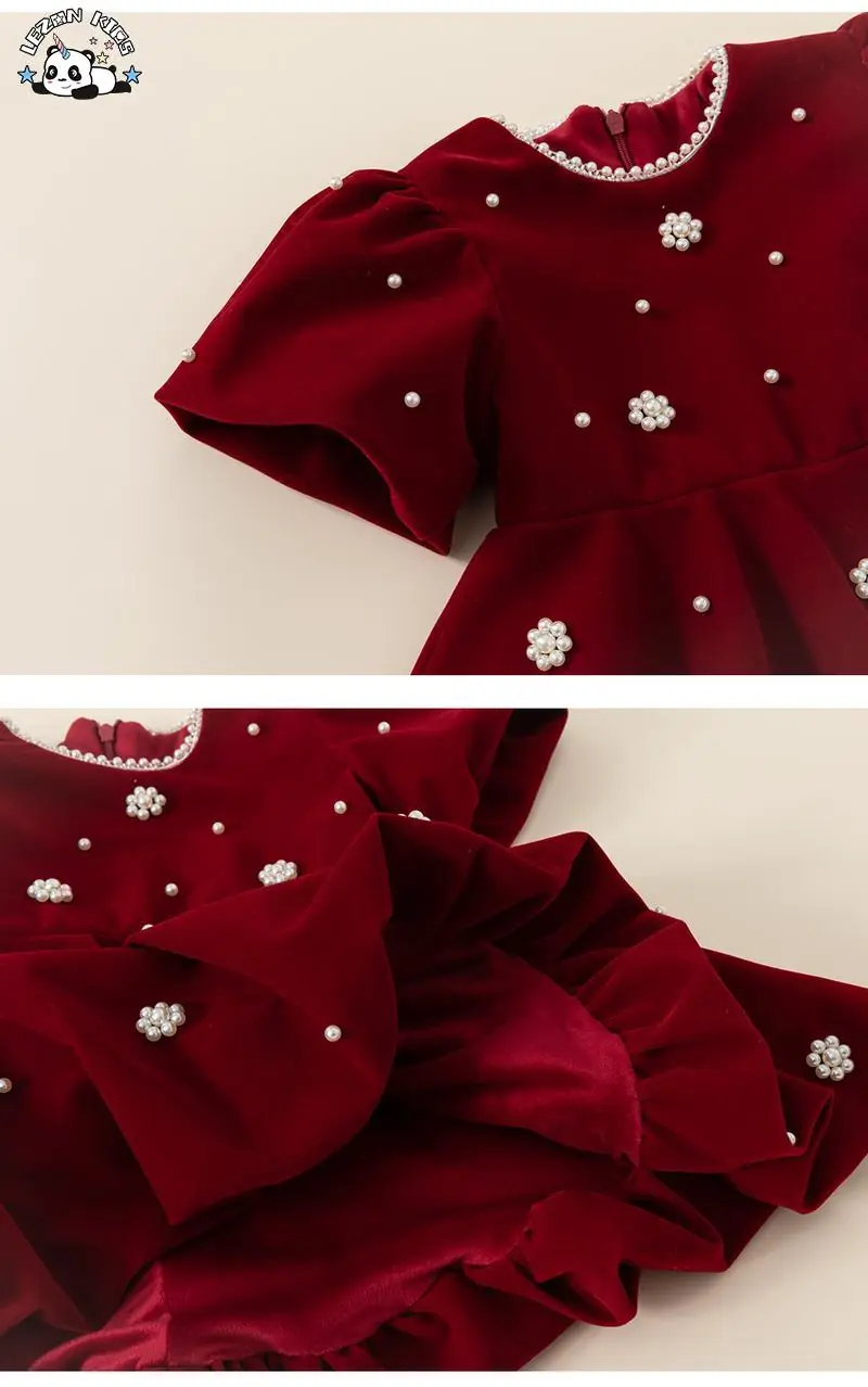 Customizable Wholesale Custom Fleece Puff Sleeve Beads Red Girls Party Dress for Spring