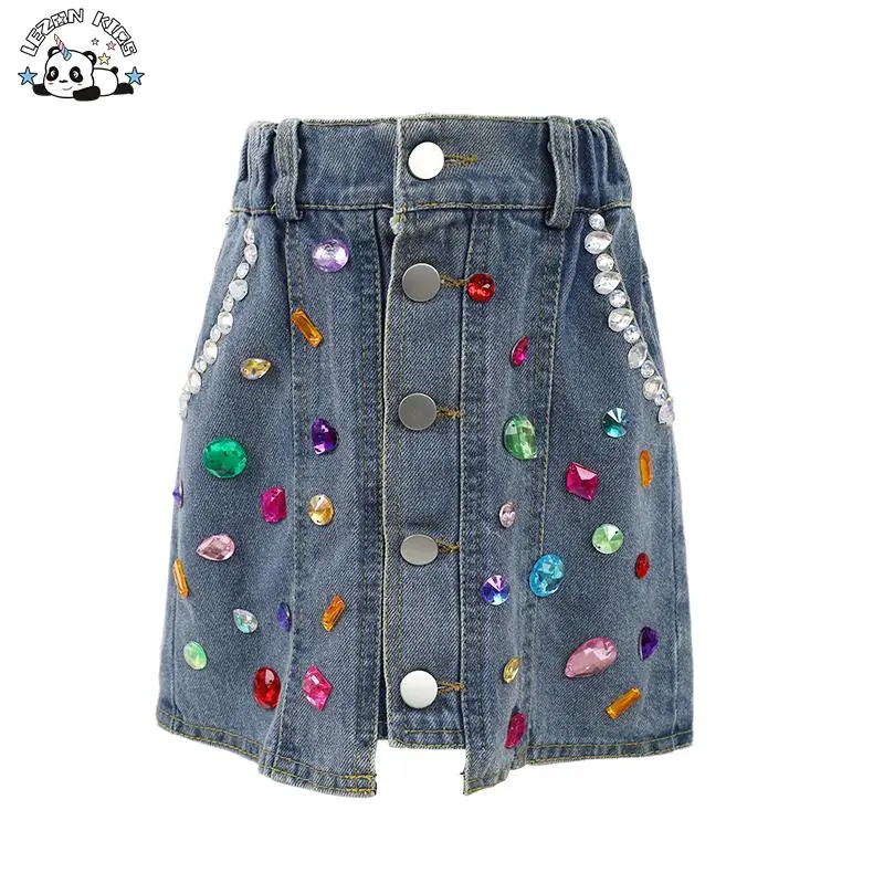 OEM Custom Design A-Line Children Denim Skirt Hand Make Gems 2-14 Years Girls Denim Skirt