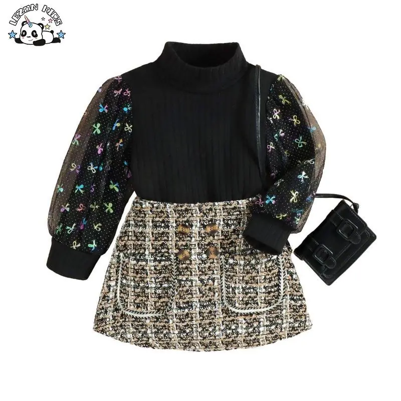 Customizable Long Mesh Sleeve Foil Bow Knit Top Wear Suit and Plaid Skirt 2 Pcs Tweed Girls Clothing Set for Autumn